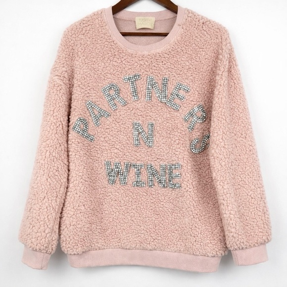 Judith March Tops - Judith March Pink Sherpa  S Sweatshirt Partners N Wine Rhinestone Lettering